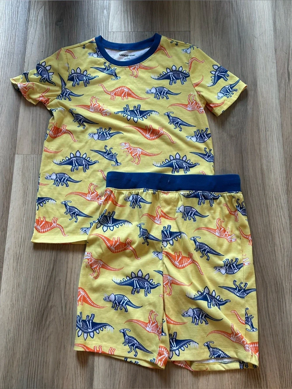 Lands' End Yellow Dinosaur Short Pajama Set with Blue & Orange Prints